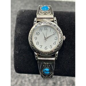 VTG Silver Tone Turquoise Inlay Bracelet Watch Women's New Battery Analog